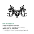Tattoo artist cut metal sign shown with product feature details and crossed tattoo machine artwork
