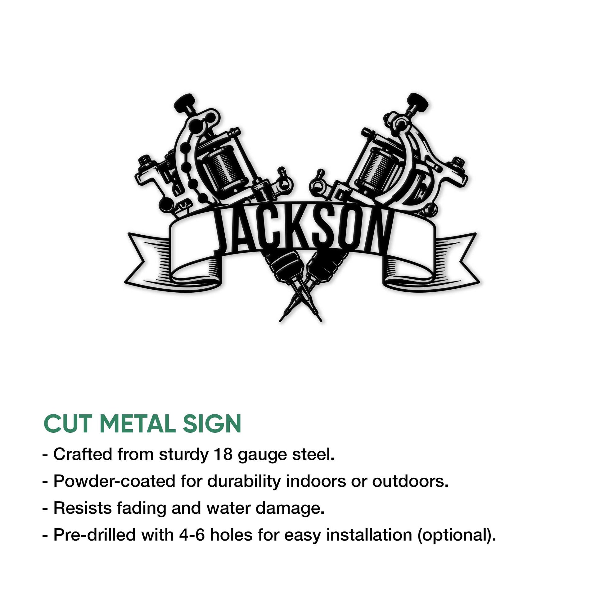 Tattoo artist cut metal sign shown with product feature details and crossed tattoo machine artwork