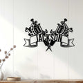 Tattoo artist metal sign displayed on a light wood wall as creative tattoo studio decor