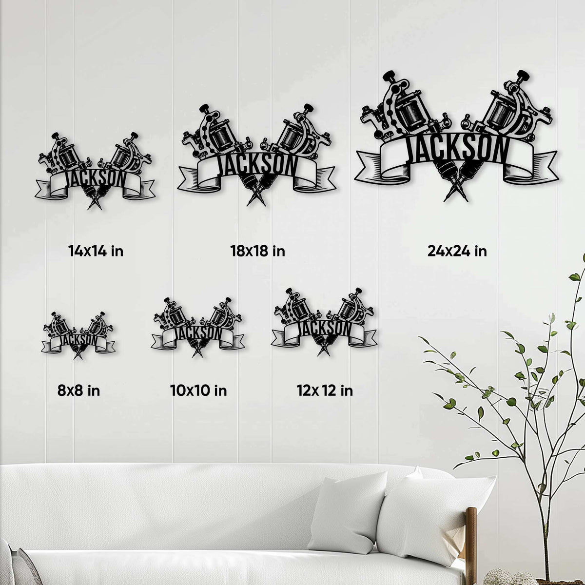 Tattoo artist metal sign size guide showing available square sizes from 8x8 to 24x24 inches
