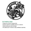Close product view of a tattoo artist sign with hand, tattoo machine, rose, and classic black ink artwork
