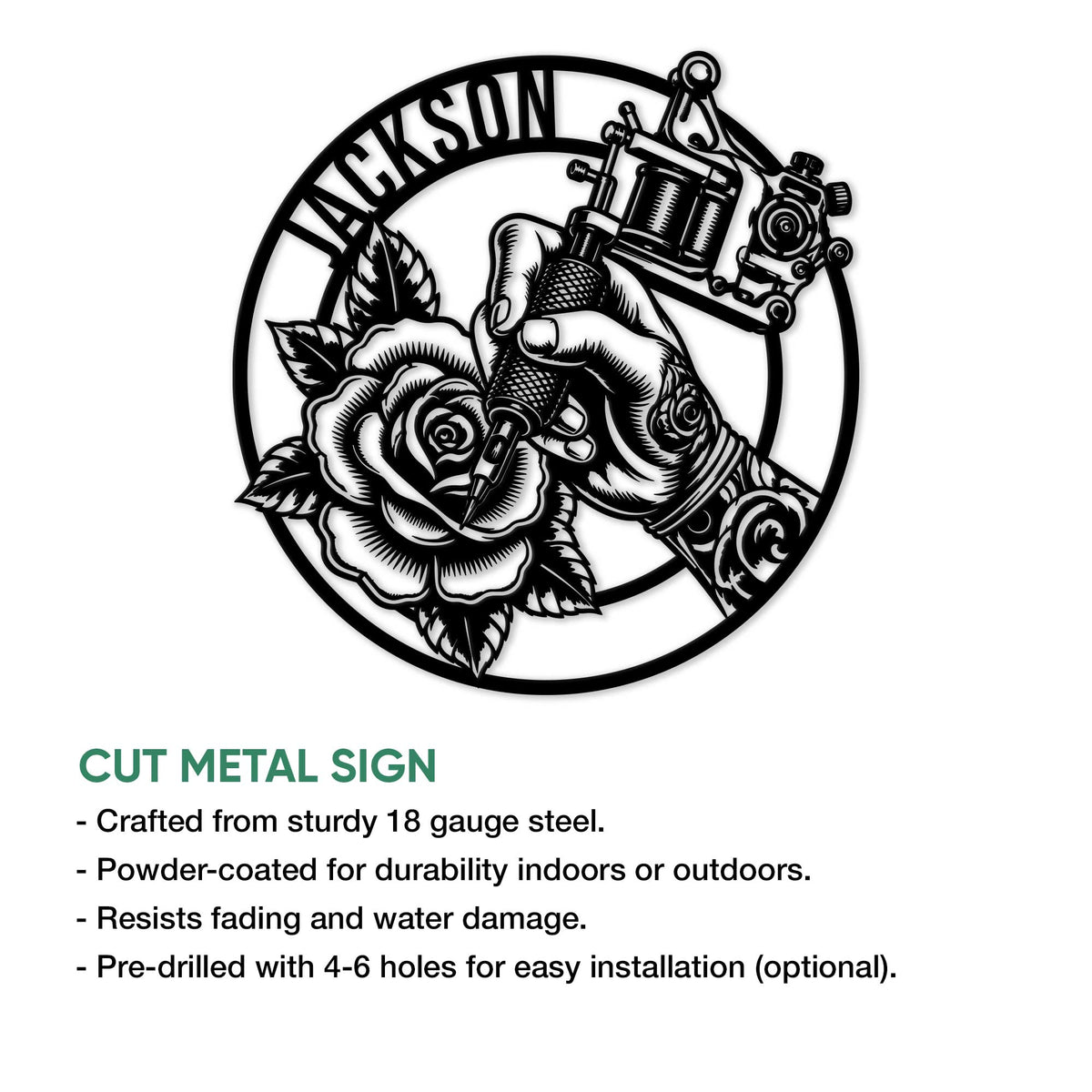 Close product view of a tattoo artist sign with hand, tattoo machine, rose, and classic black ink artwork