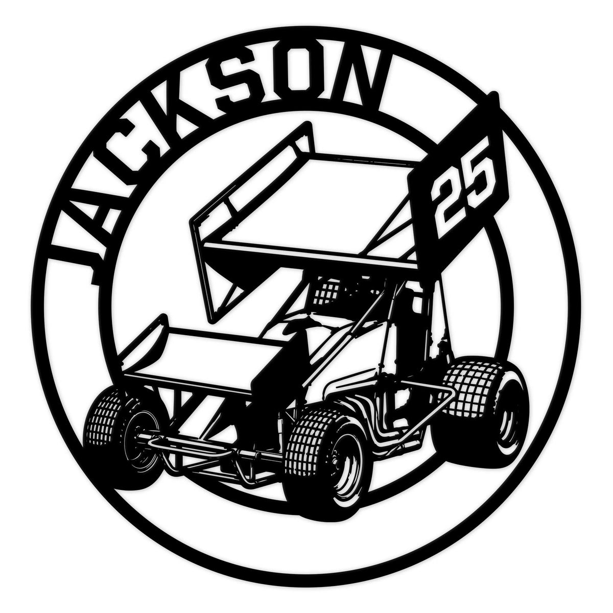 Black sprint car racing metal sign with a bold circular motorsport design
