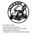 Sprint car metal sign feature graphic highlighting the cut-metal design and mounting options