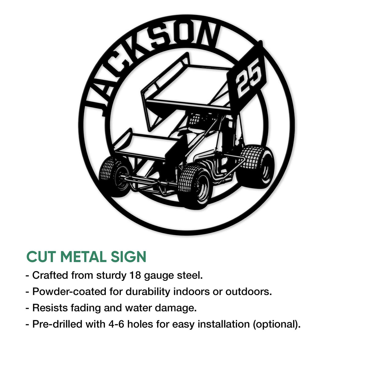 Sprint car metal sign feature graphic highlighting the cut-metal design and mounting options
