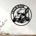 Sprint car racing wall sign displayed as garage-inspired decor on a light wood wall