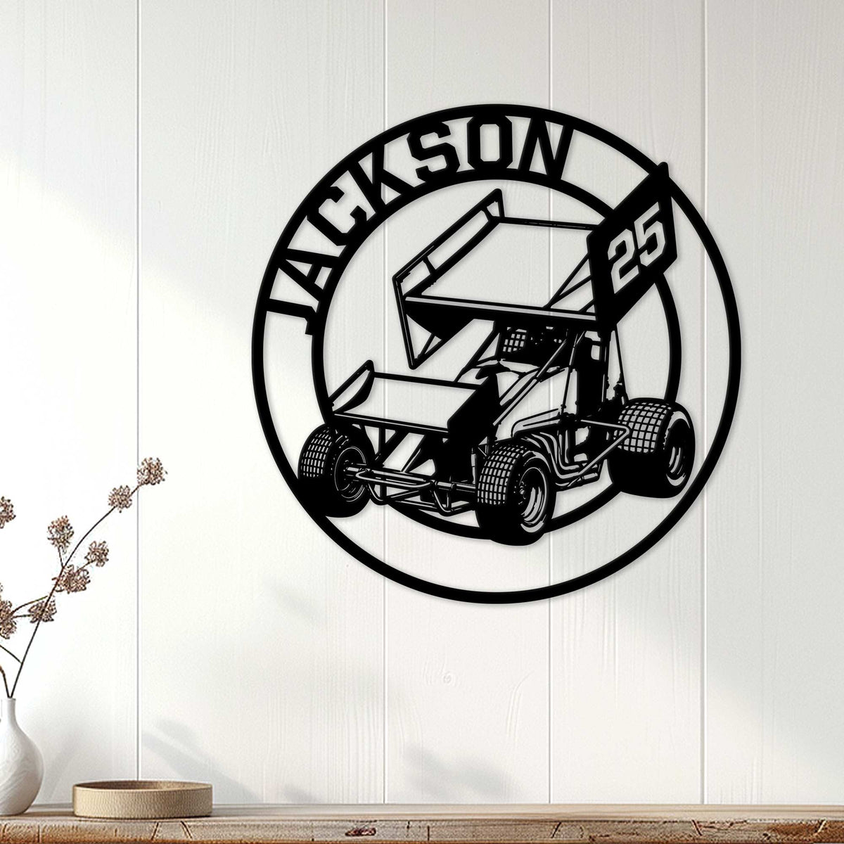 Sprint car racing wall sign displayed as garage-inspired decor on a light wood wall