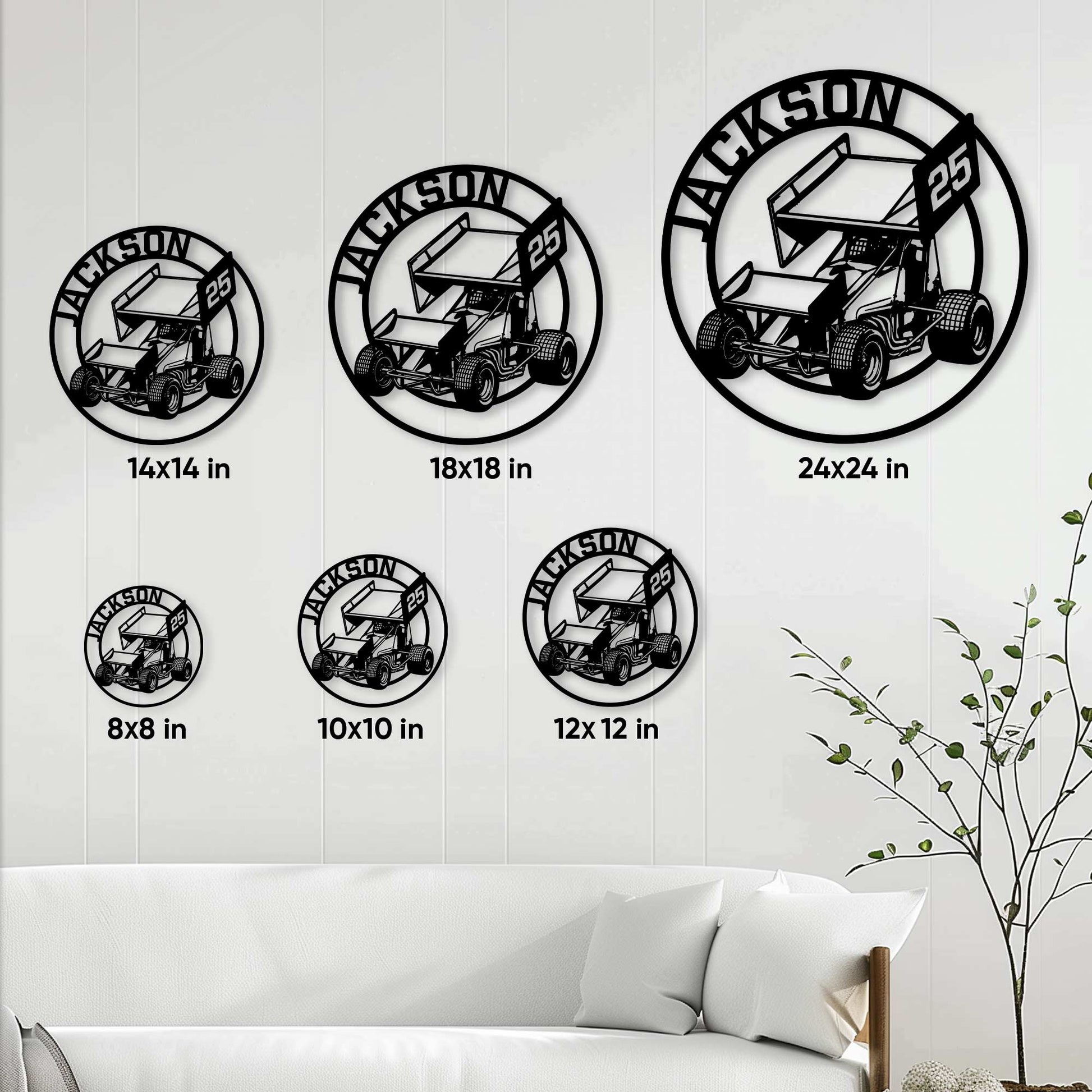 Sprint car metal sign size guide showing available square dimensions from 8 to 24 inches