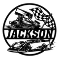 Custom racing metal sign featuring a sprint car, checkered flag, and detailed race car artwork