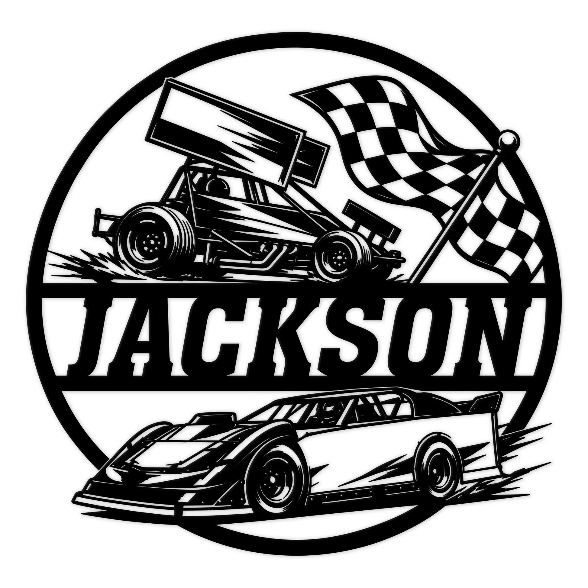 Custom racing metal sign featuring a sprint car, checkered flag, and detailed race car artwork