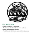 Racing metal sign product graphic showing sprint car artwork, checkered flags, and available sign features