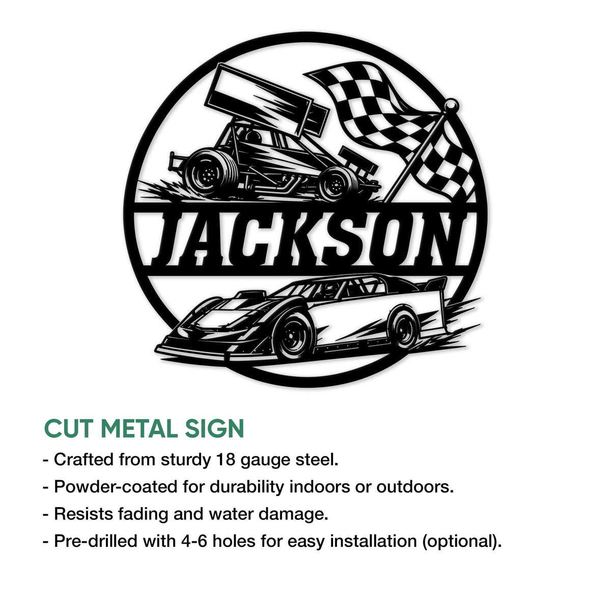Racing metal sign product graphic showing sprint car artwork, checkered flags, and available sign features