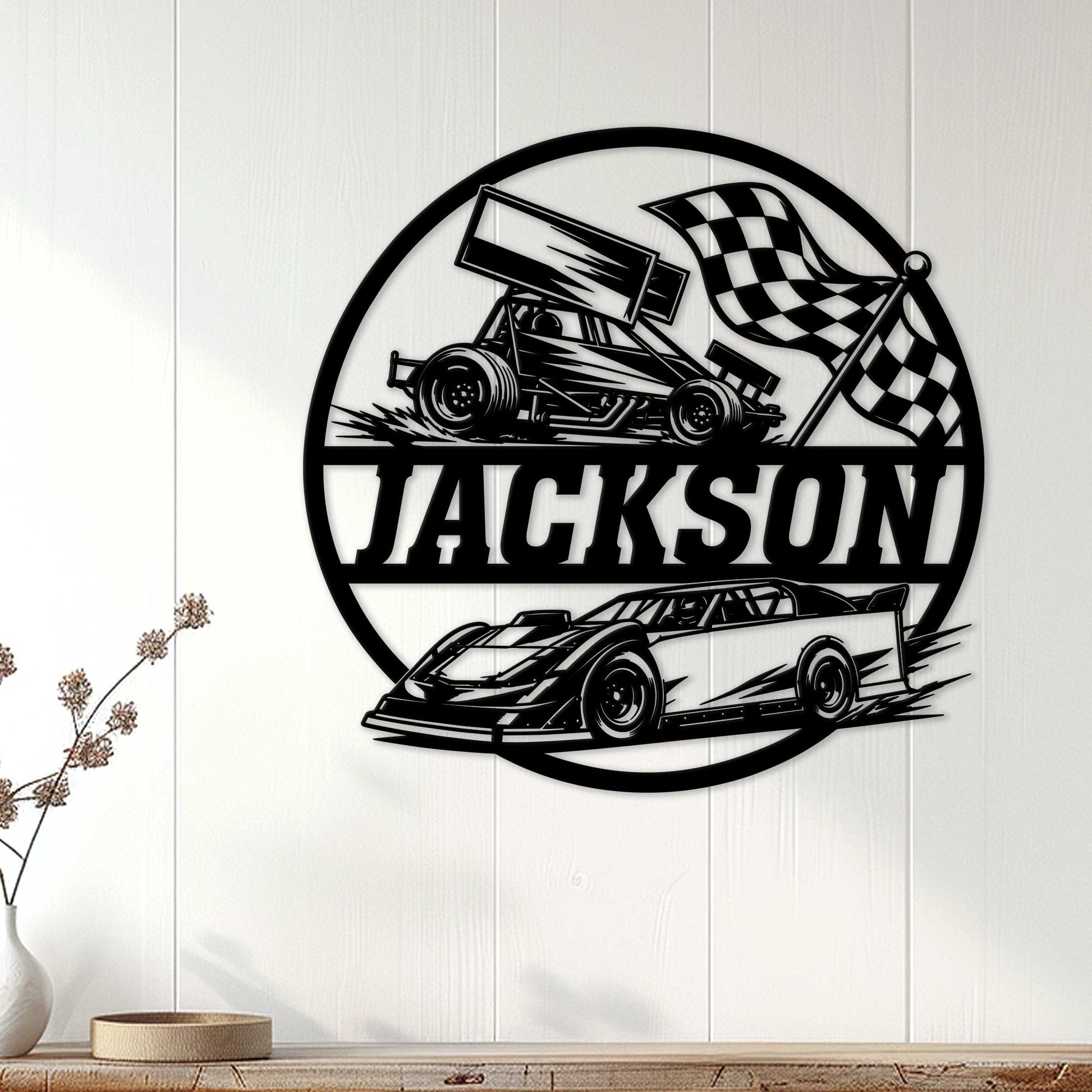 Black and white custom racing sign displayed on a white paneled wall as motorsport-inspired decor