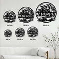 Racing metal sign size guide showing circular sprint car designs in 8, 10, 12, 14, 18, and 24 inch sizes