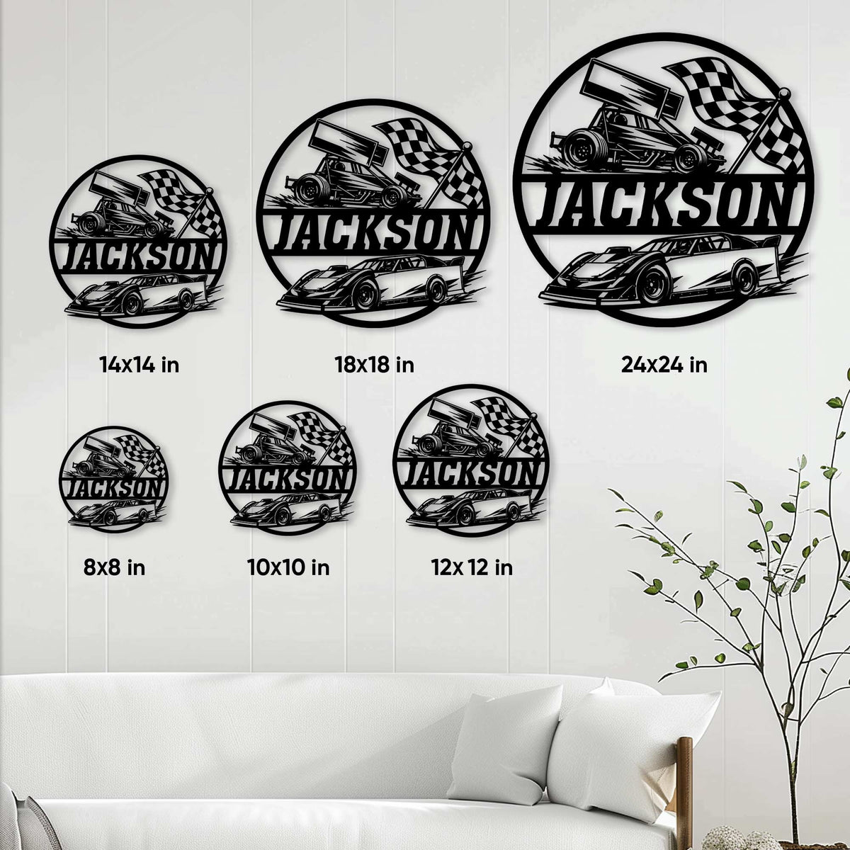Racing metal sign size guide showing circular sprint car designs in 8, 10, 12, 14, 18, and 24 inch sizes