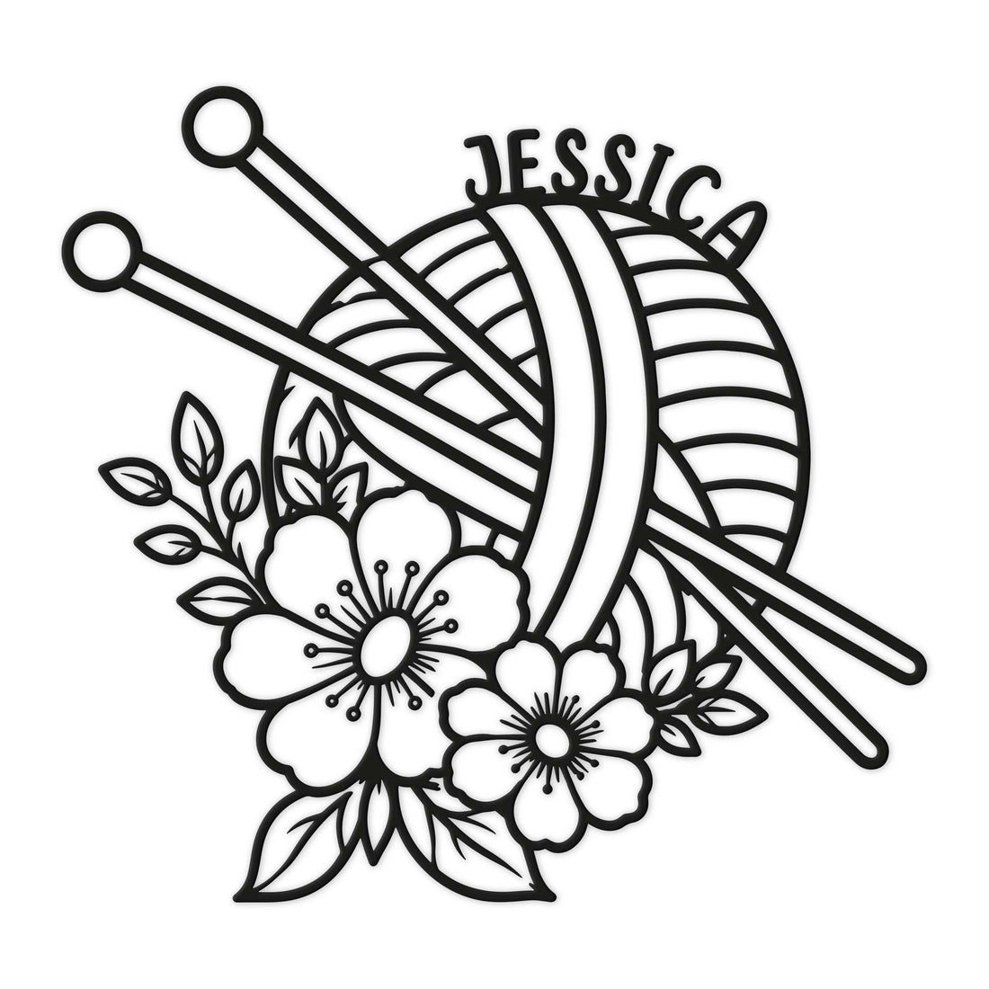 Black metal knitting sign featuring a yarn ball, crossed knitting needles, and floral accents