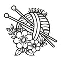Black metal knitting sign featuring a yarn ball, crossed knitting needles, and floral accents