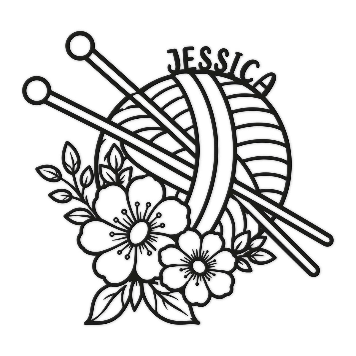 Black metal knitting sign featuring a yarn ball, crossed knitting needles, and floral accents