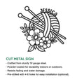 Knitting metal sign feature graphic showing a floral yarn ball design and cut metal sign details