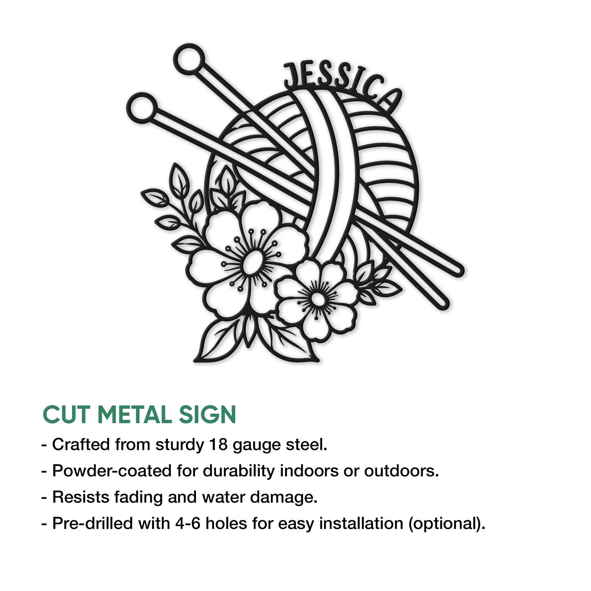 Knitting metal sign feature graphic showing a floral yarn ball design and cut metal sign details