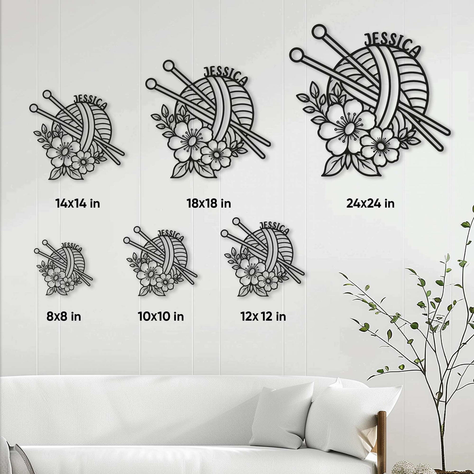 Knitting sign size guide showing the floral yarn ball design in six square size options