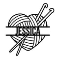 Custom knitting metal sign featuring a ball of yarn and crossed knitting needles in bold black line art