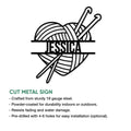 Knitting yarn ball and needles metal sign shown with cut metal sign features and finish details
