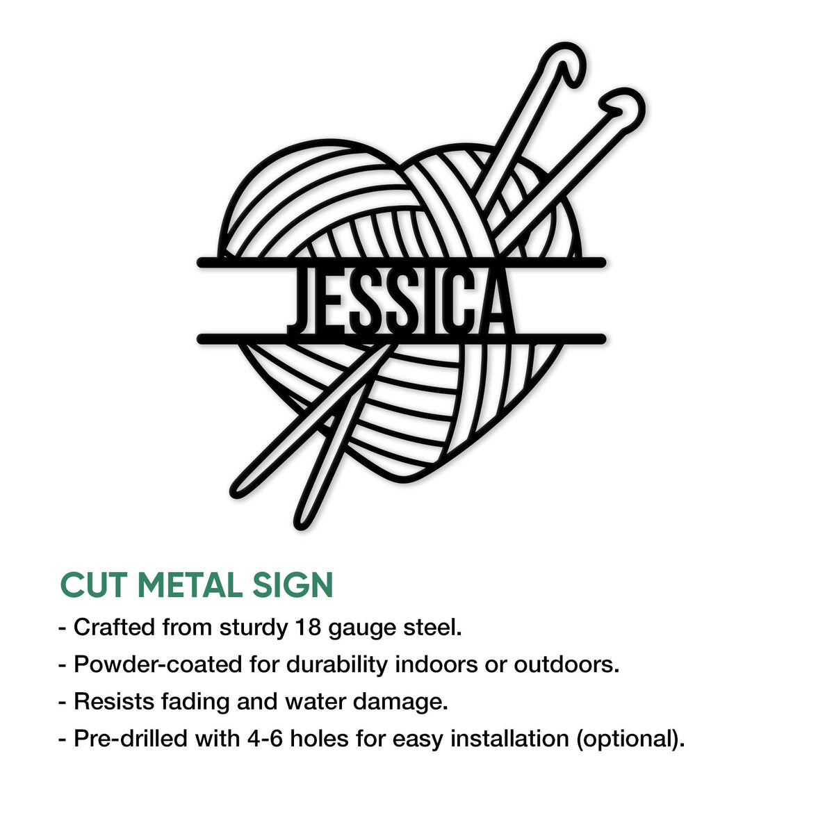 Knitting yarn ball and needles metal sign shown with cut metal sign features and finish details