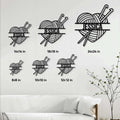 Knitting metal sign size guide showing available square sizes from 8x8 to 24x24 inches
