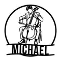 Cello player silhouette metal sign with a seated musician design and bold custom display lettering