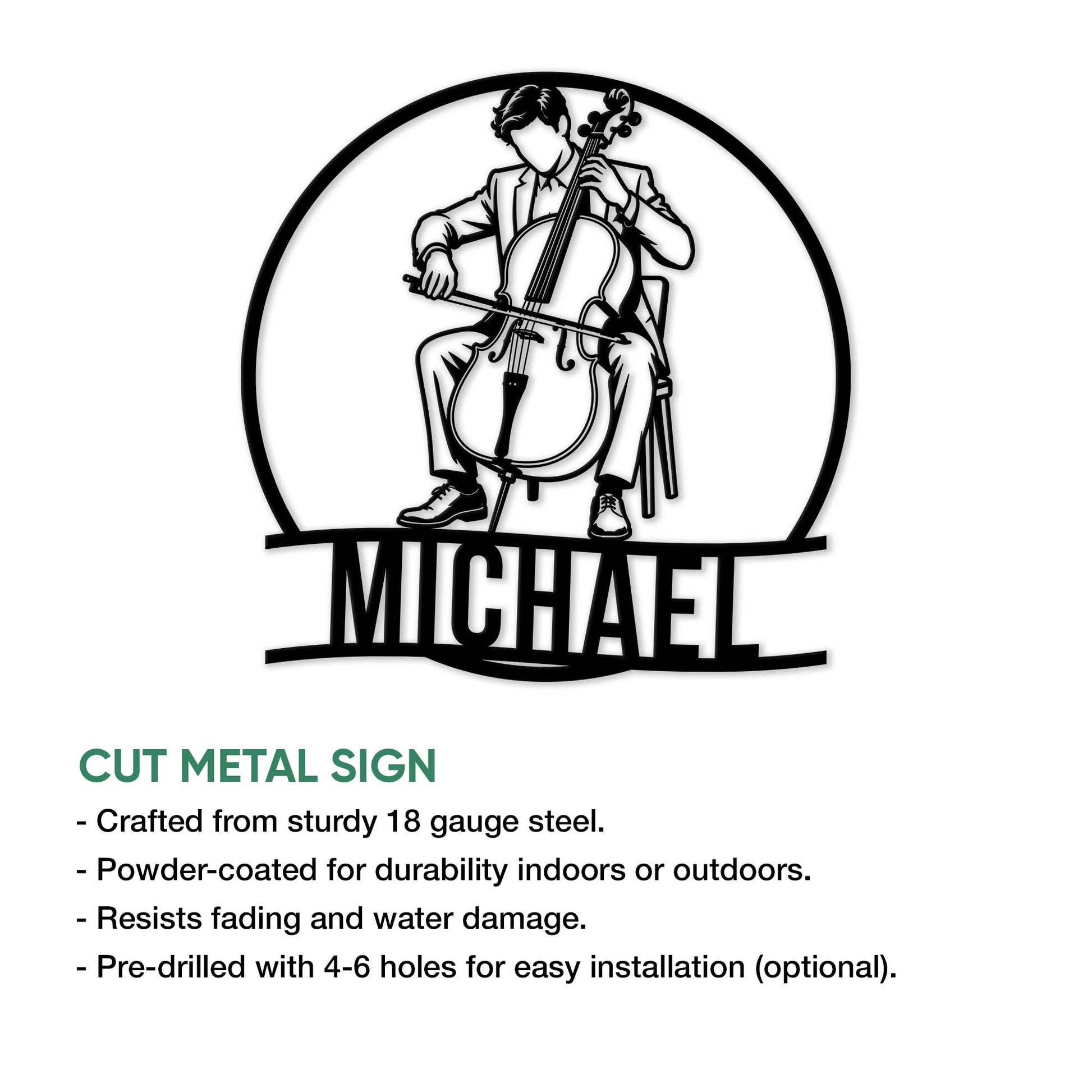 Cut metal cello sign featuring a seated cellist design with indoor and outdoor display details