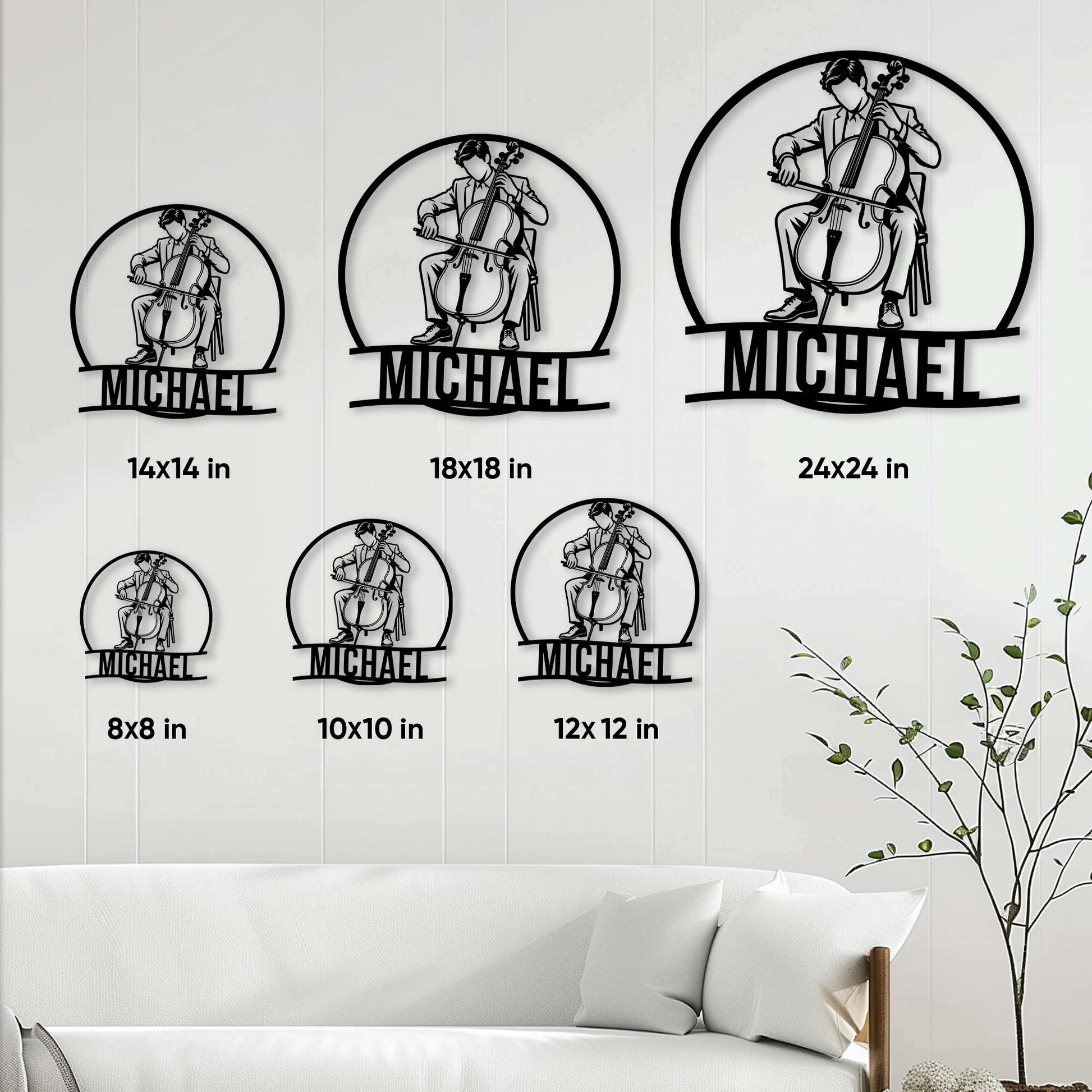 Cello musician metal sign shown in multiple size options above a living room sofa