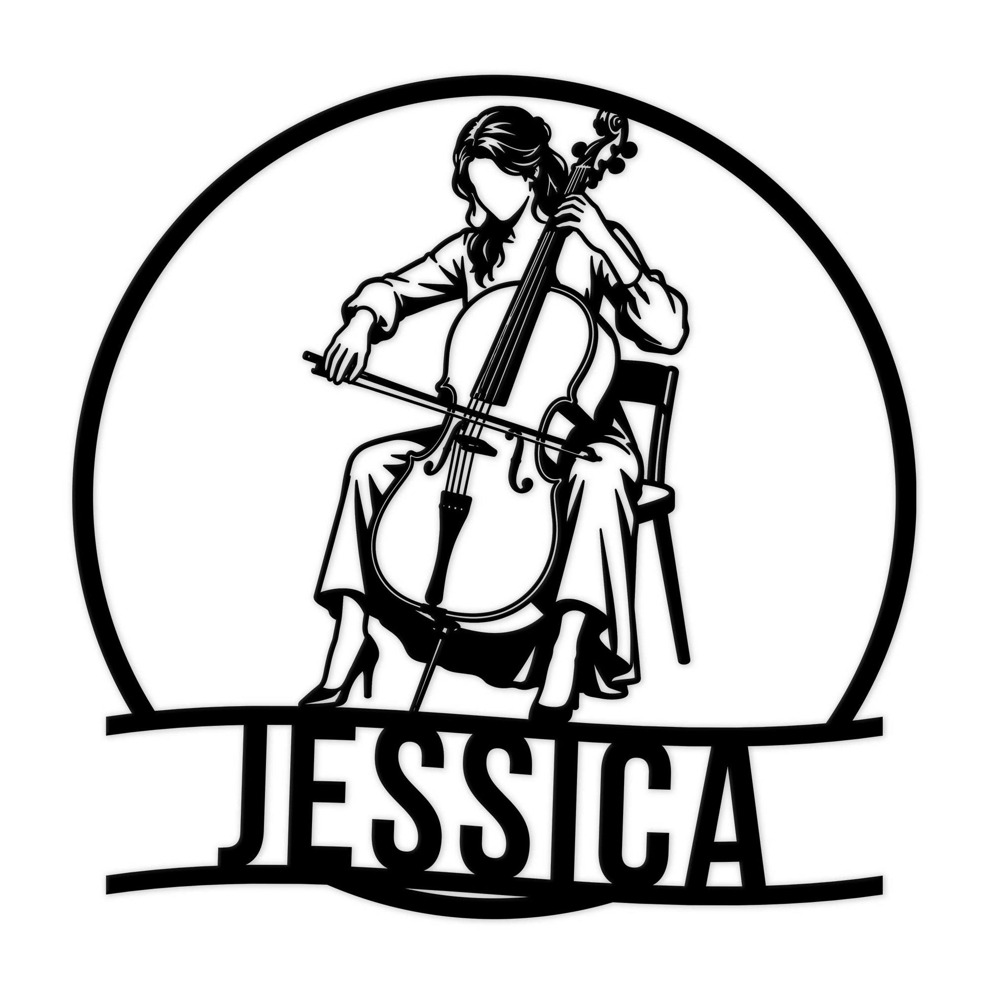 Black cello metal sign featuring a seated cellist silhouette inside a circular frame