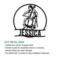 Cello player cut metal sign shown in a product information graphic