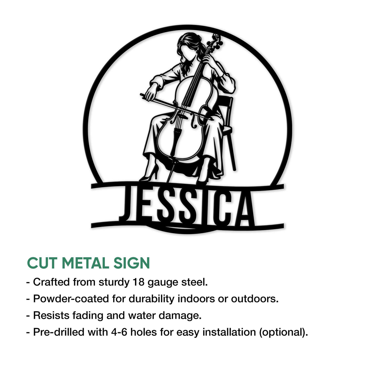 Cello player cut metal sign shown in a product information graphic