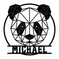 Geometric panda metal sign featuring a bold black low-poly bear face in a circular frame