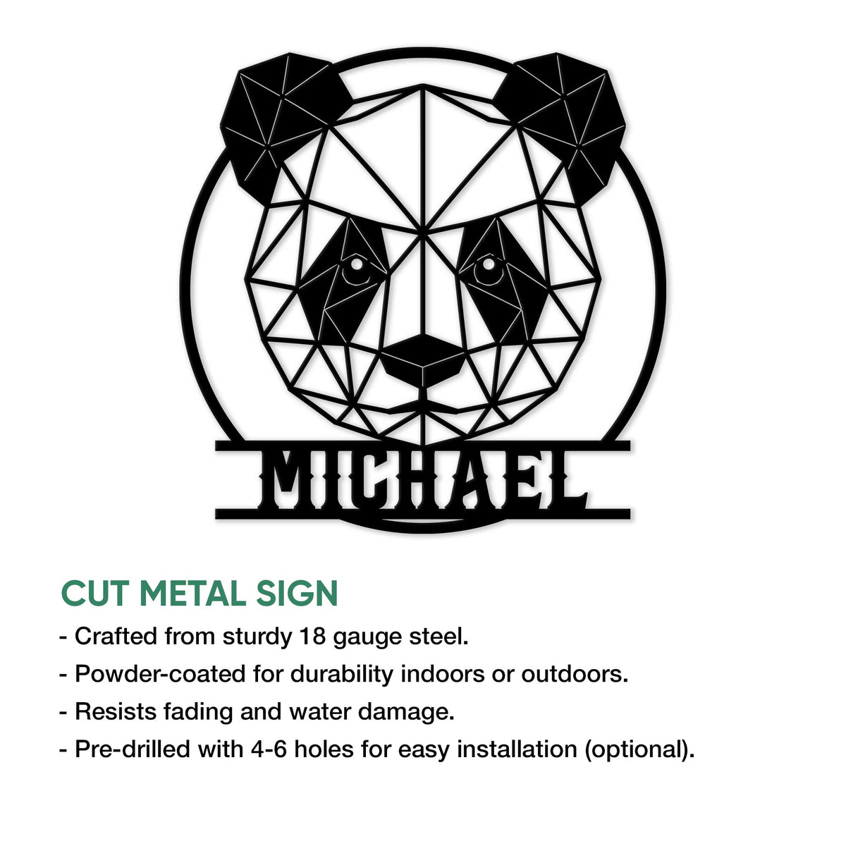 Close product view of a geometric panda cut metal sign with a modern black silhouette