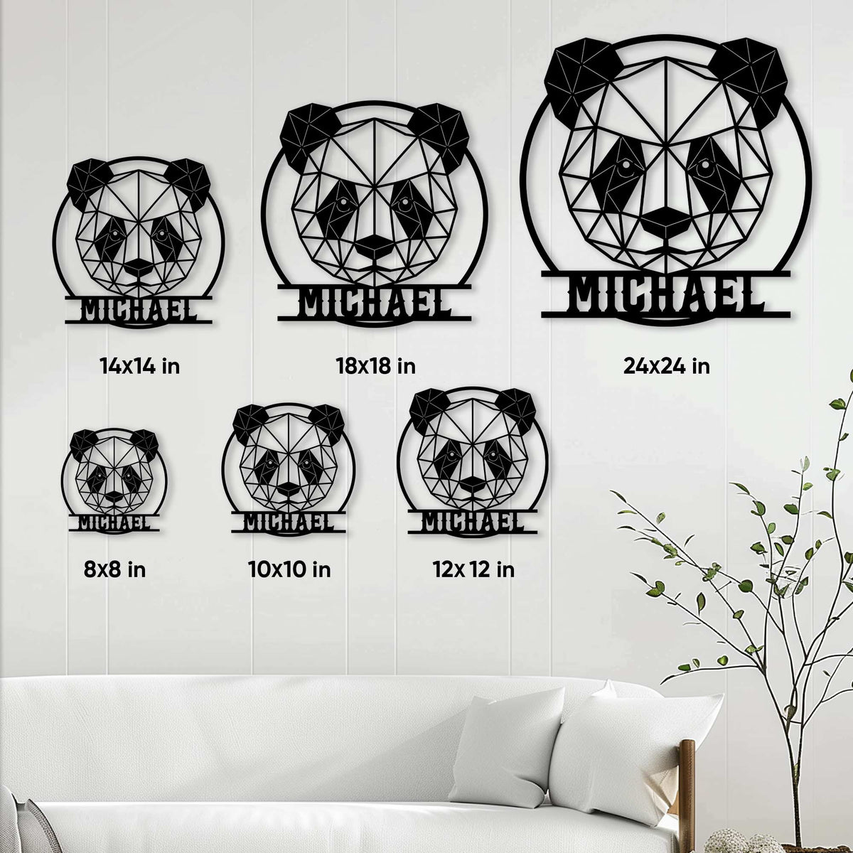 Panda metal sign shown in multiple size options above a neutral living room sofa