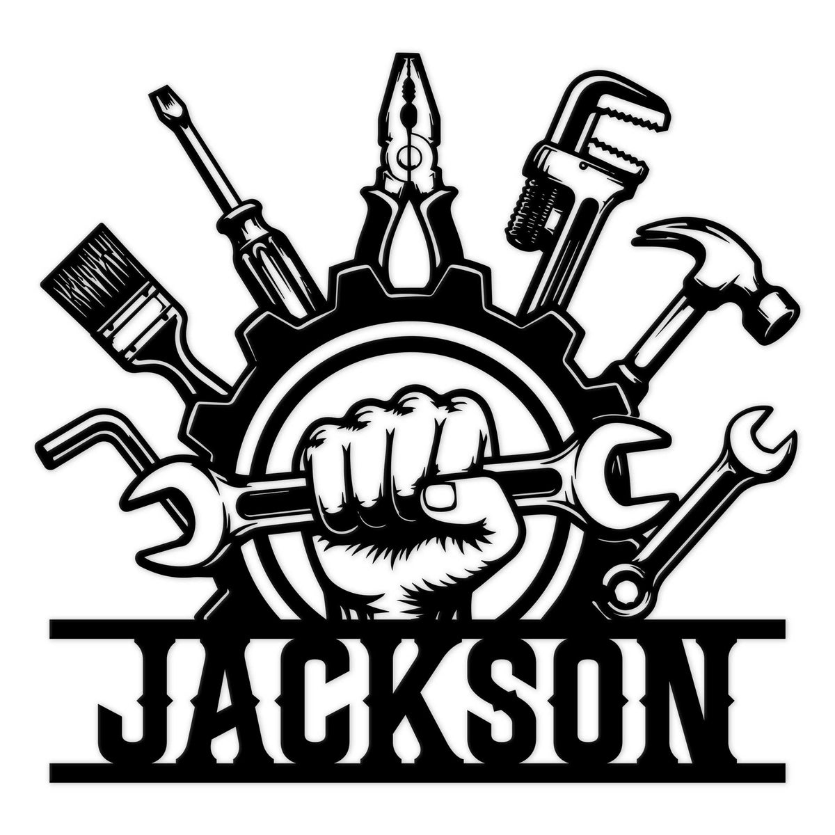 Mechanic metal sign featuring a raised fist, gear, wrench, hammer, pliers, screwdriver, and bold garage-style design