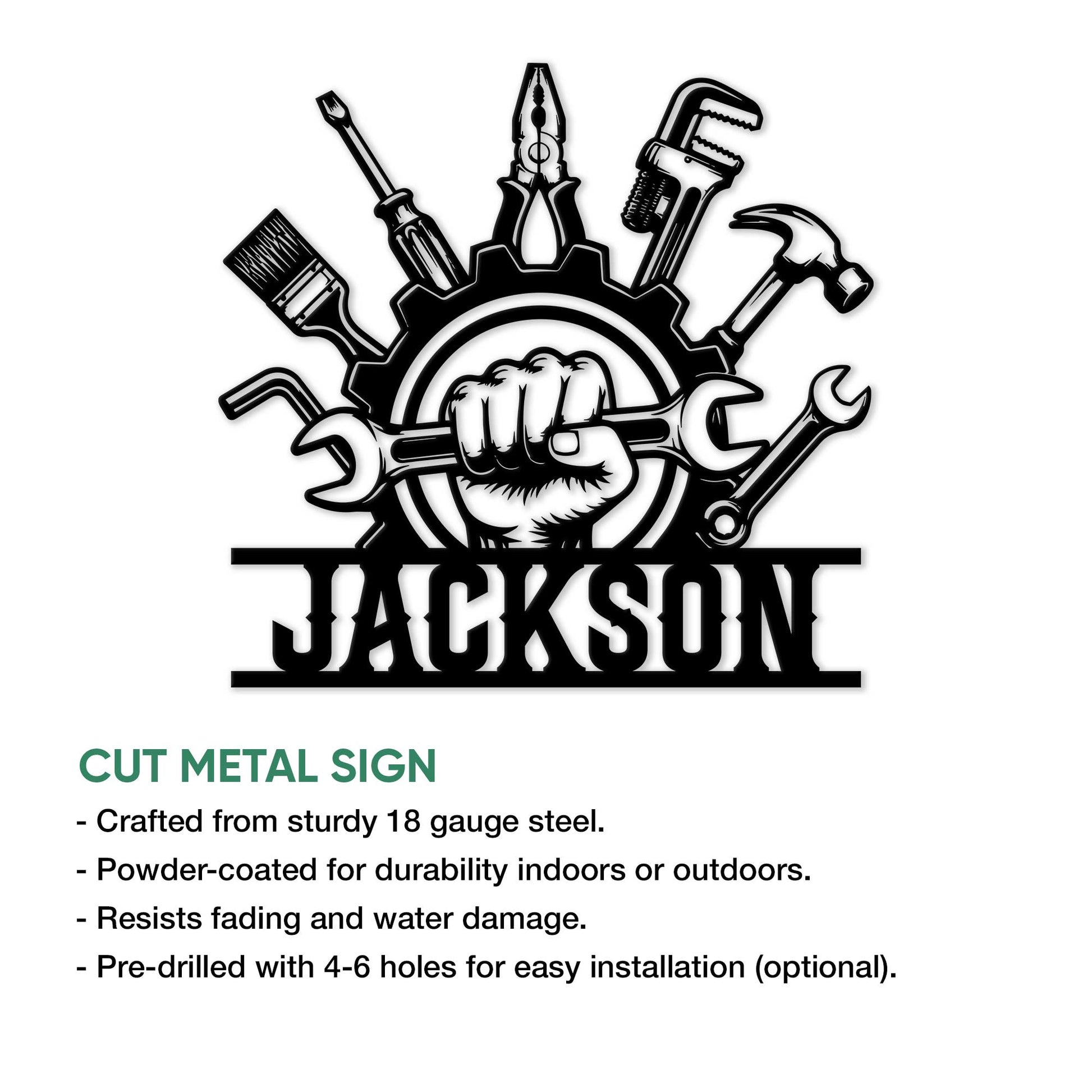 Mechanic metal sign artwork with hand tools arranged around a gear and strong garage decor styling