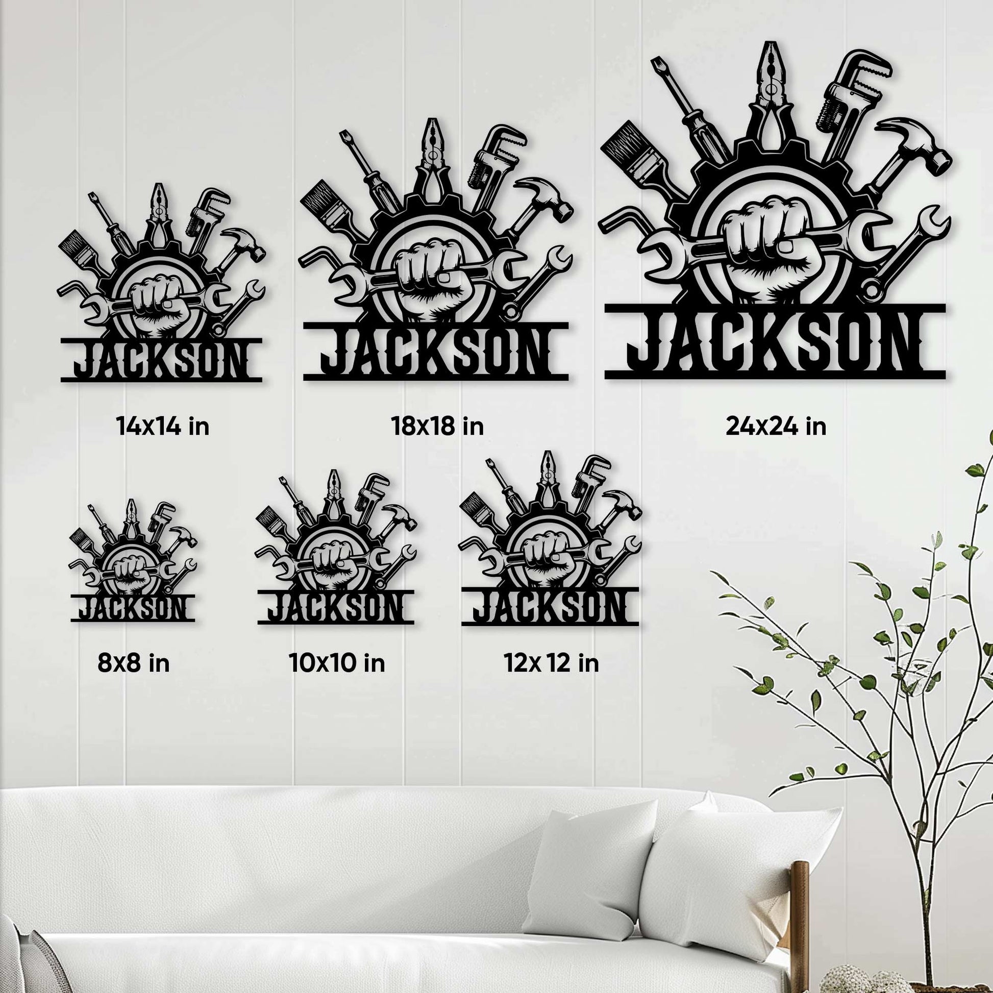 Mechanic metal sign size guide showing multiple square size options in a bright home interior setting
