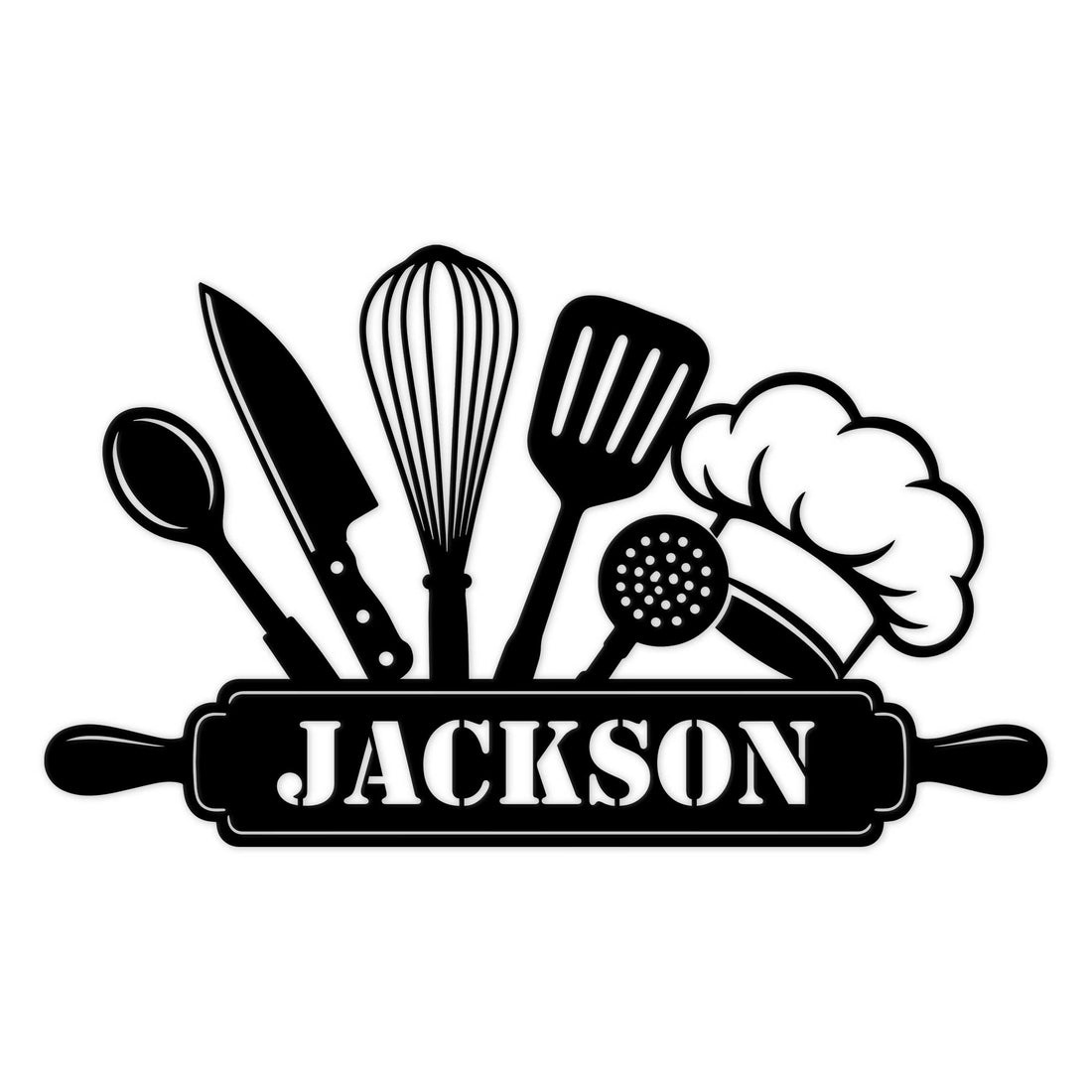 Kitchen metal sign featuring a chef hat, spoon, knife, whisk, spatula, and rolling pin in bold black artwork