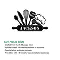 Cut metal kitchen sign displayed with chef utensil artwork and product feature information