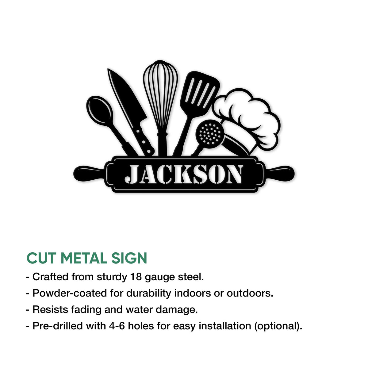 Cut metal kitchen sign displayed with chef utensil artwork and product feature information