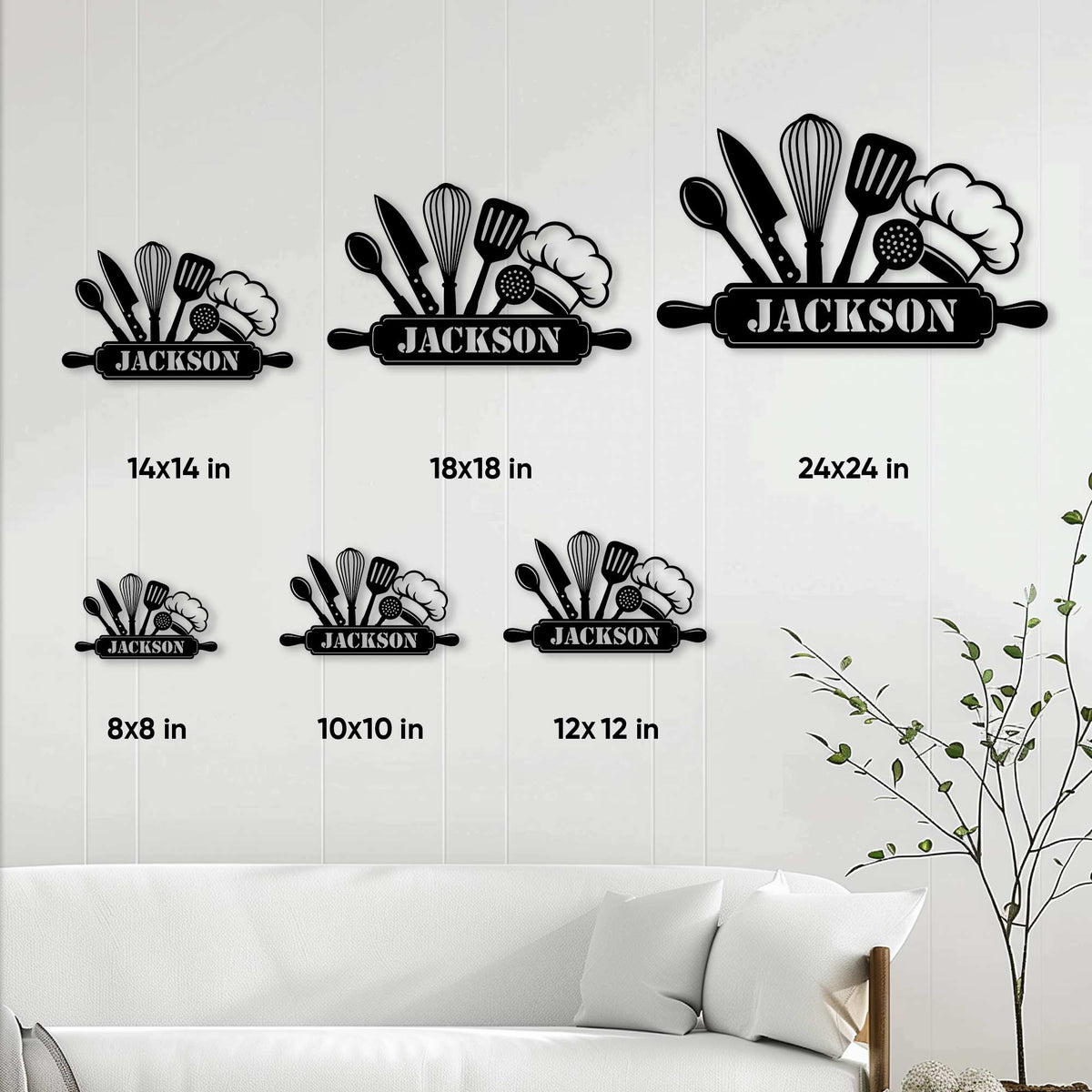 Kitchen utensil metal sign shown in multiple size options for wall decor