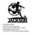 Soccer player silhouette metal sign shown with product feature and installation details