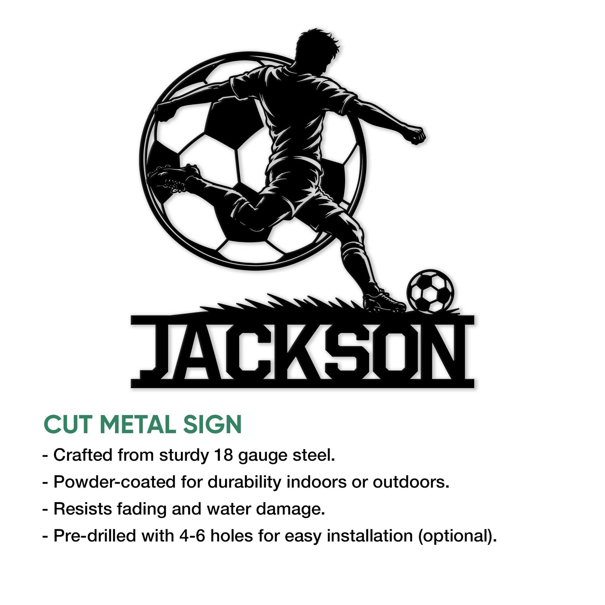 Soccer player silhouette metal sign shown with product feature and installation details