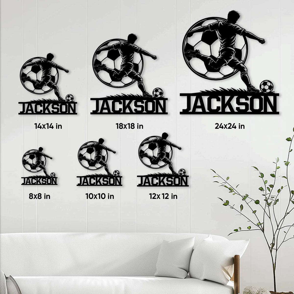 Soccer player metal sign size guide showing six available square size options