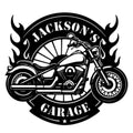 Custom biker metal sign featuring a detailed cruiser motorcycle, flame accents, and bold garage-themed design