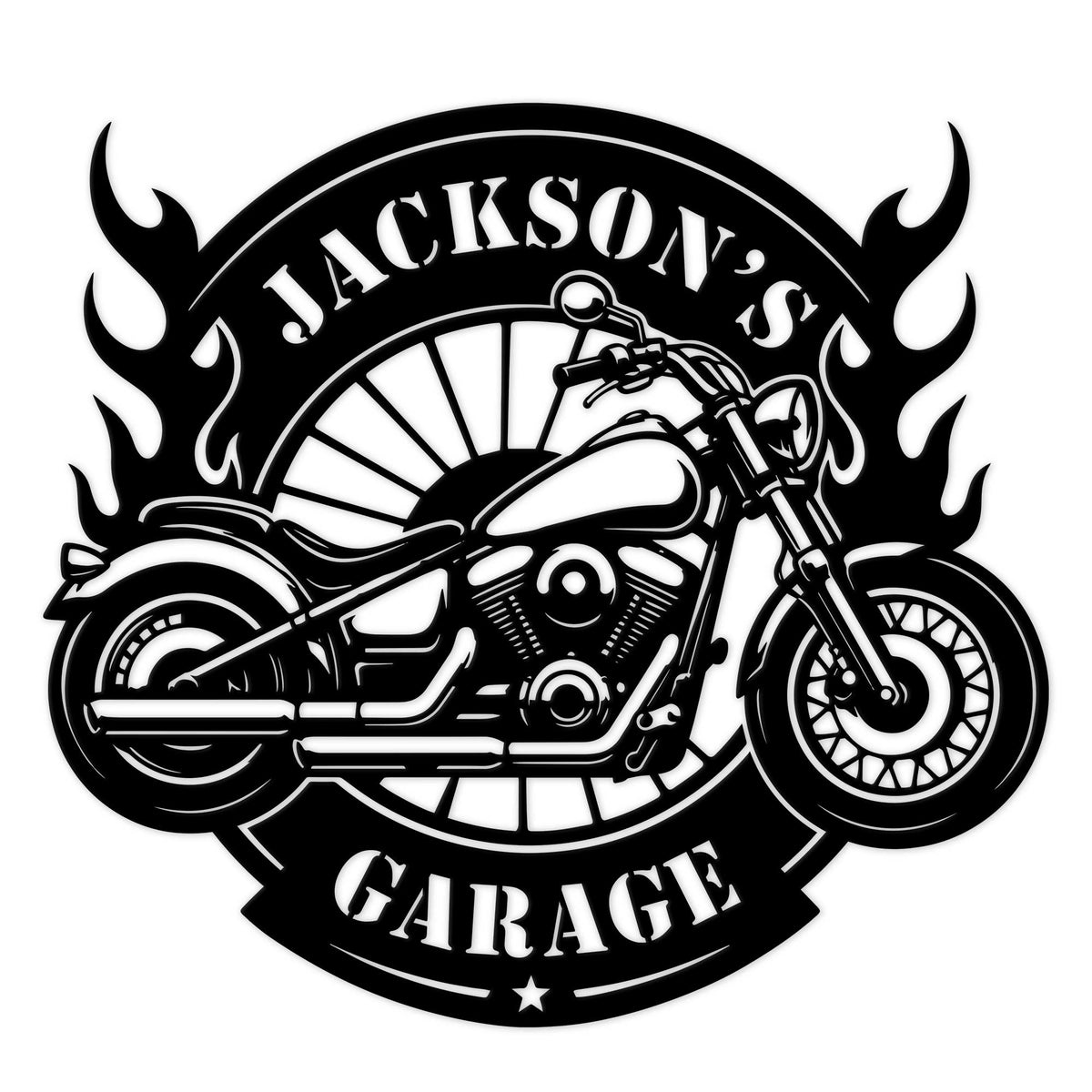 Custom biker metal sign featuring a detailed cruiser motorcycle, flame accents, and bold garage-themed design